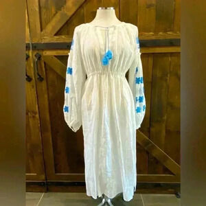 ELEVEN MARCH 11 White Linen Blue Embroidered Floral Design Maxi Dress Size XS